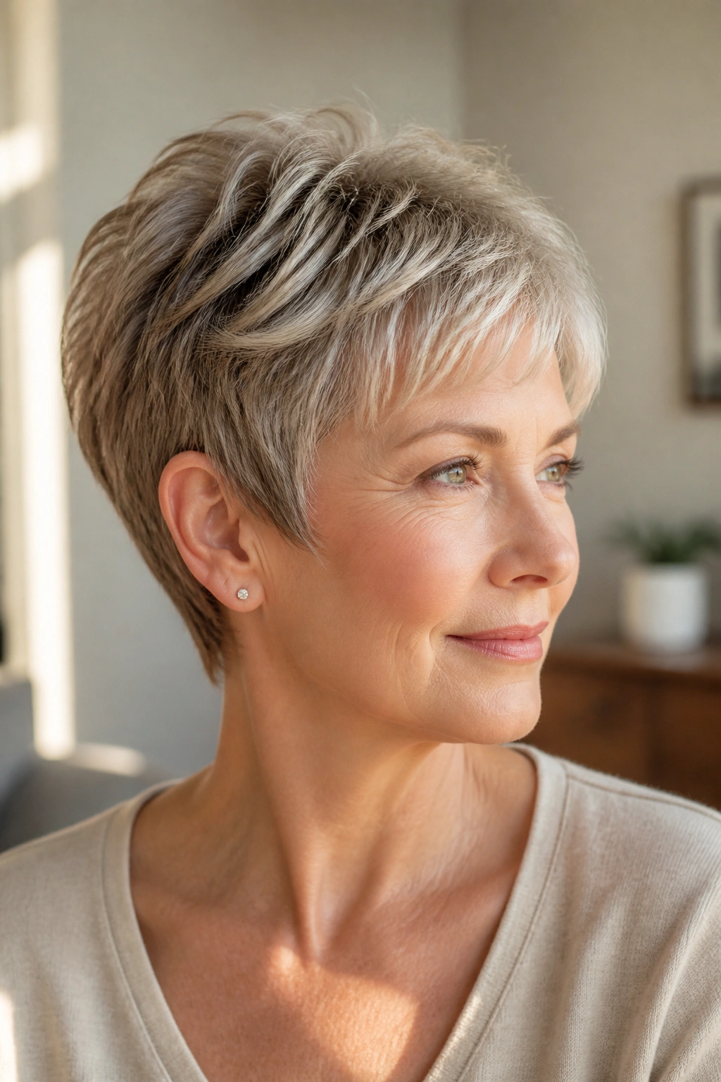 Portrait of a real woman with a feathered crop hairstyle in sunlight