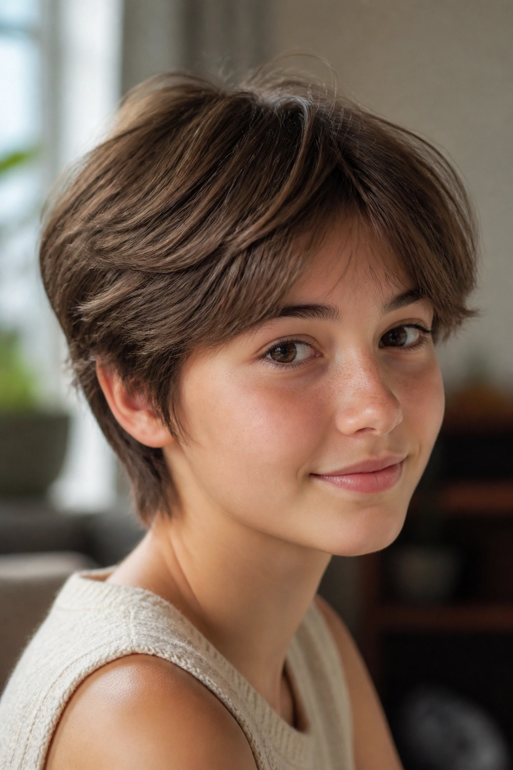 Close-up of a girl with a feathered crop hairstyle.