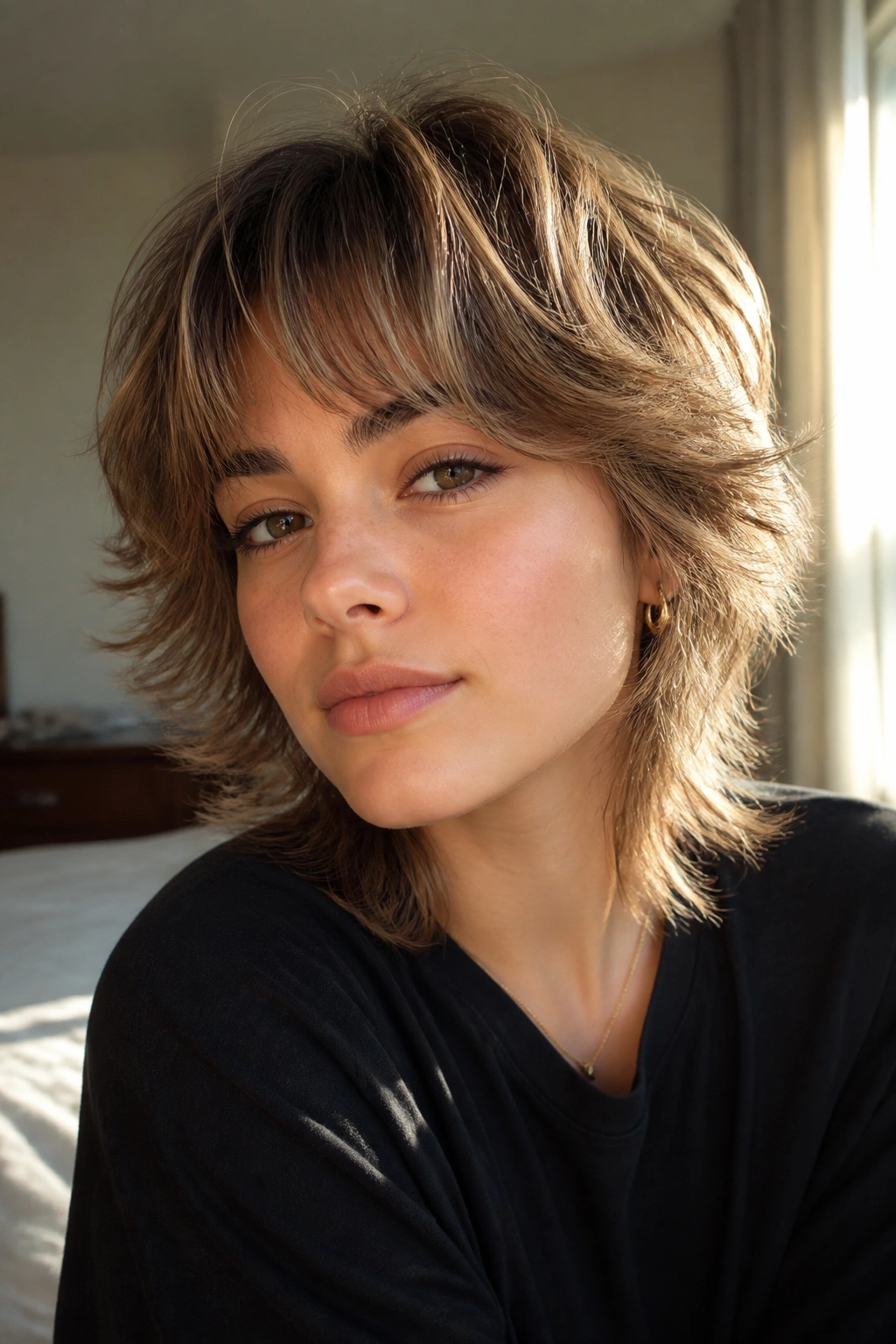 Portrait of woman with feathered crop shag showing airy, soft-edged layers.