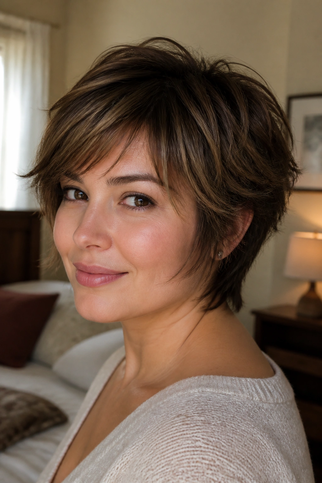 Close-up of a real person with a feathered crop and side layers, soft movement.