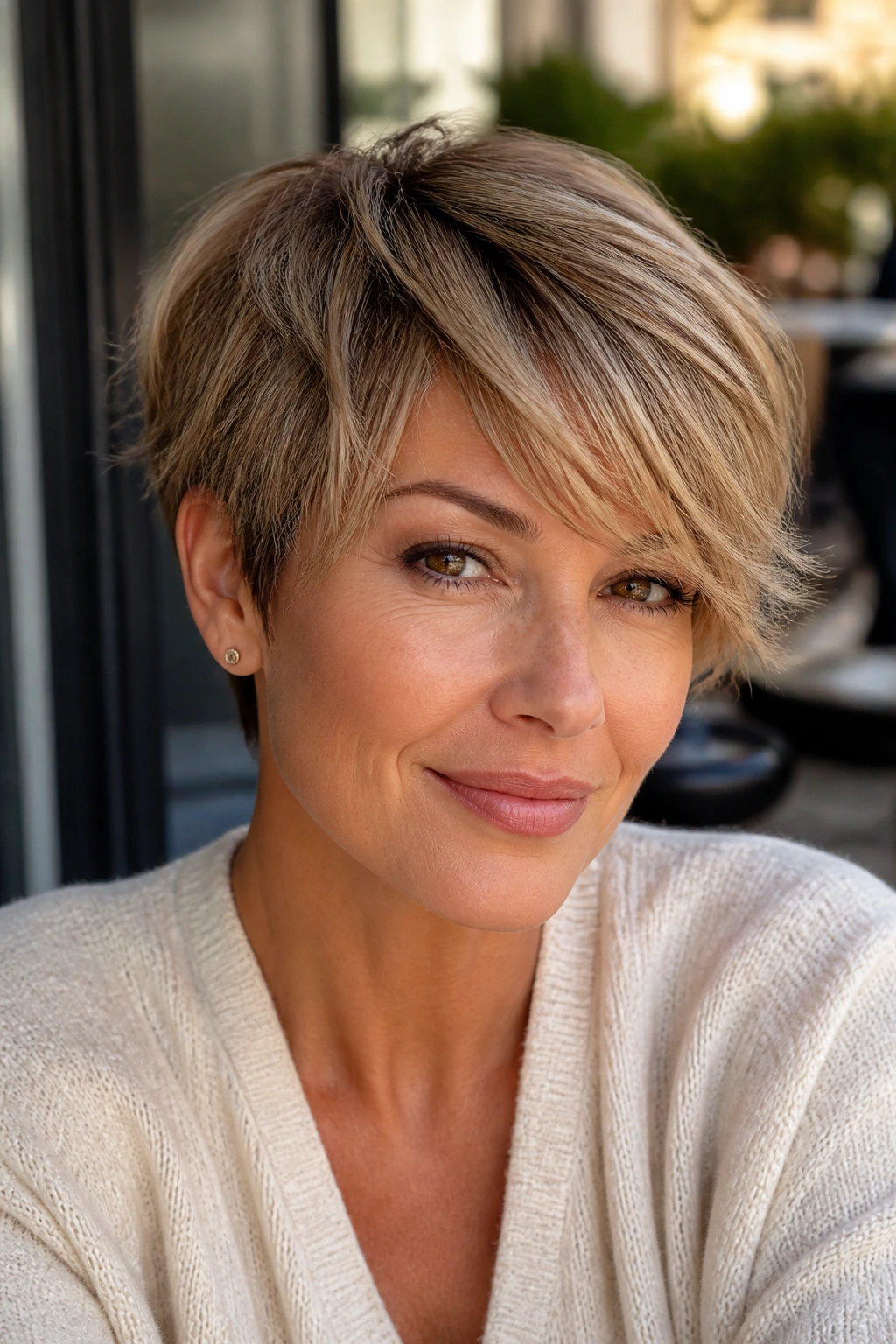 Close-up of a woman with feathered crop and side-swept bangs in golden hour light.