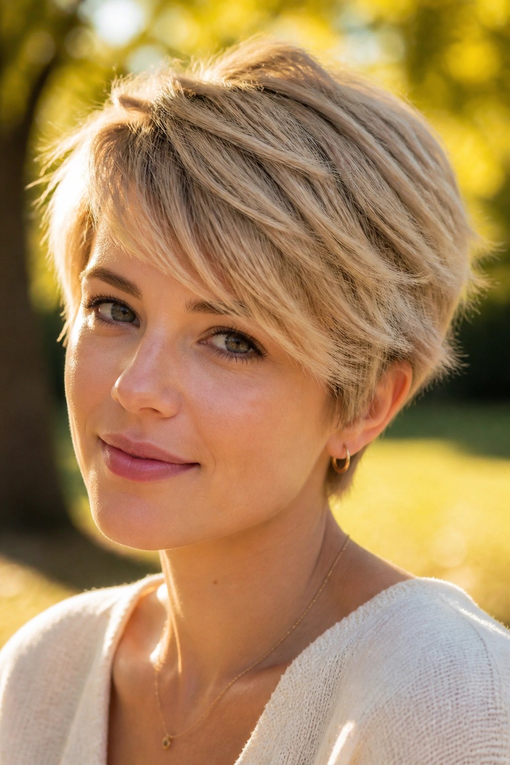 Real woman with feathered crop and side-swept fringe in a sunny garden.