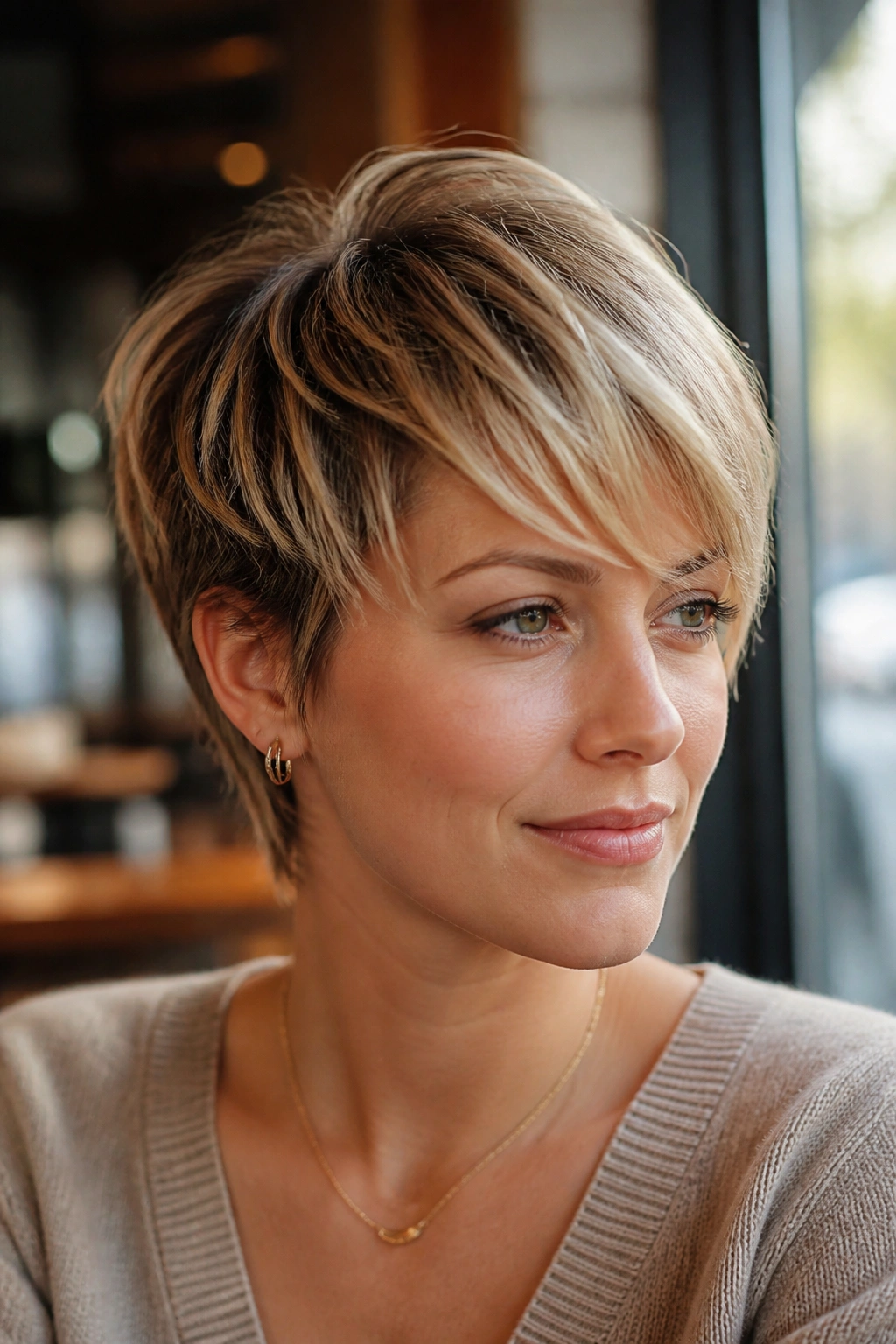 Portrait of a woman with feathered crop and side-swept fringe.