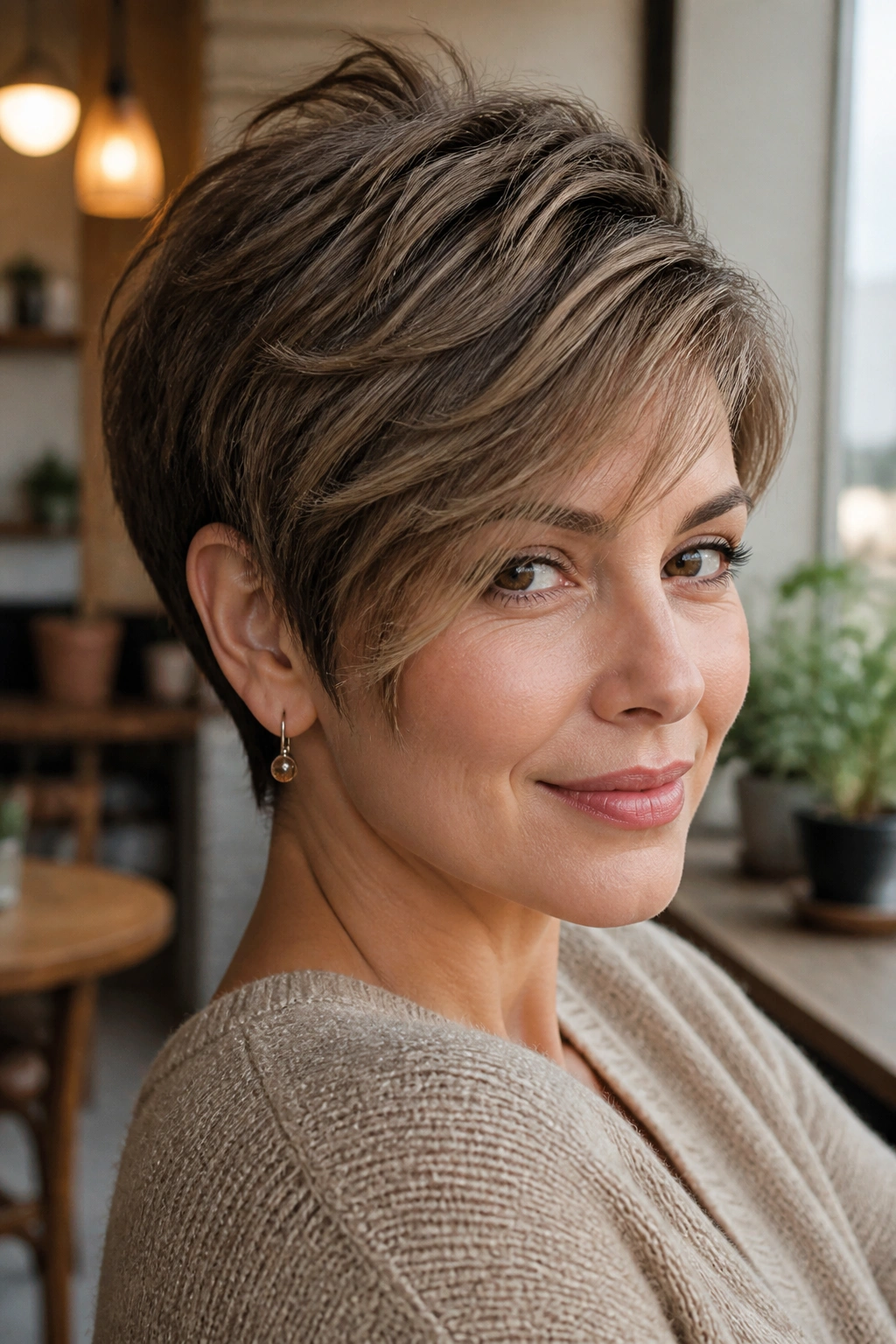 Close-up portrait of a real woman with a feathered crop and side volume near the crown