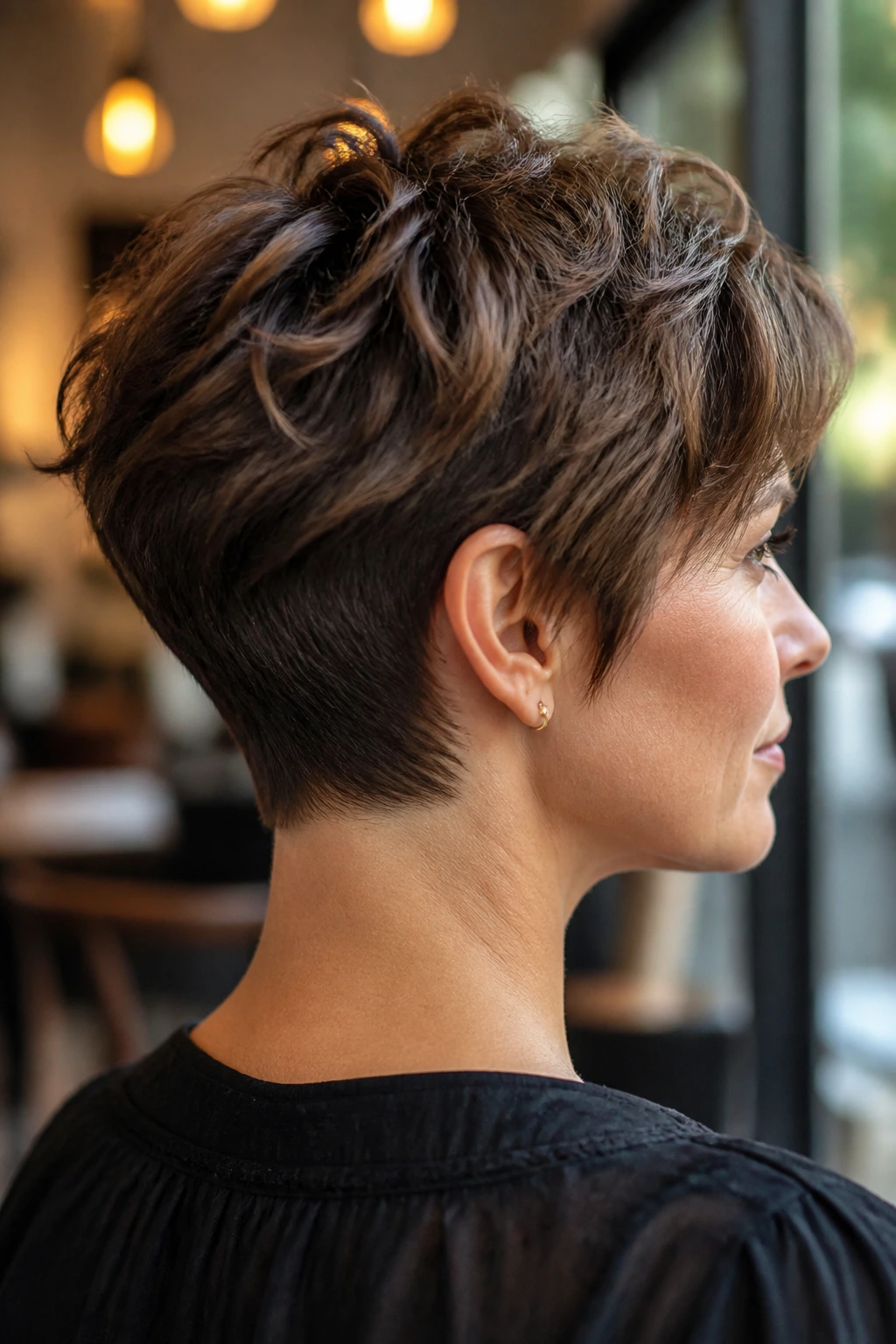 Rear side profile of a real woman with feathered crop and tapered nape