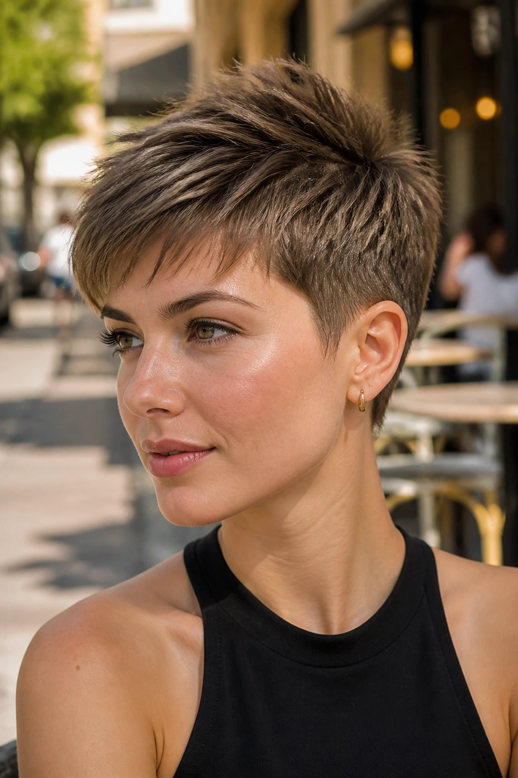 Close-up portrait of a real woman with feathered crop and temple taper in soft daylight