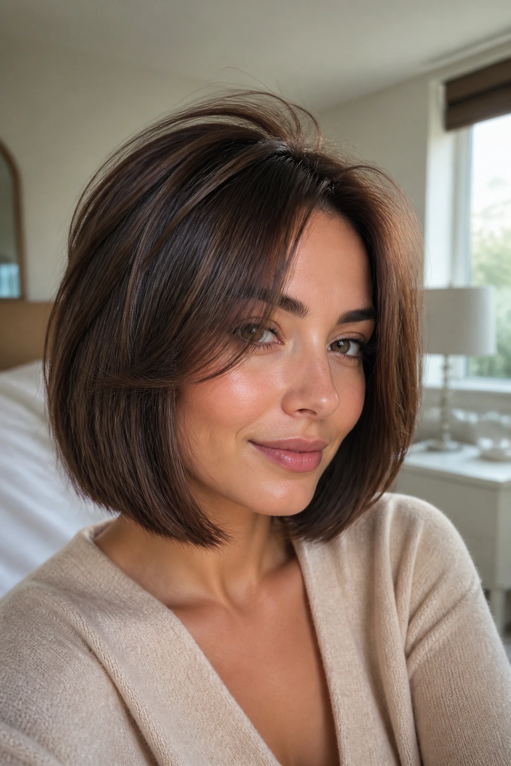 Brunette feathered bob with airy crown close-up portrait.
