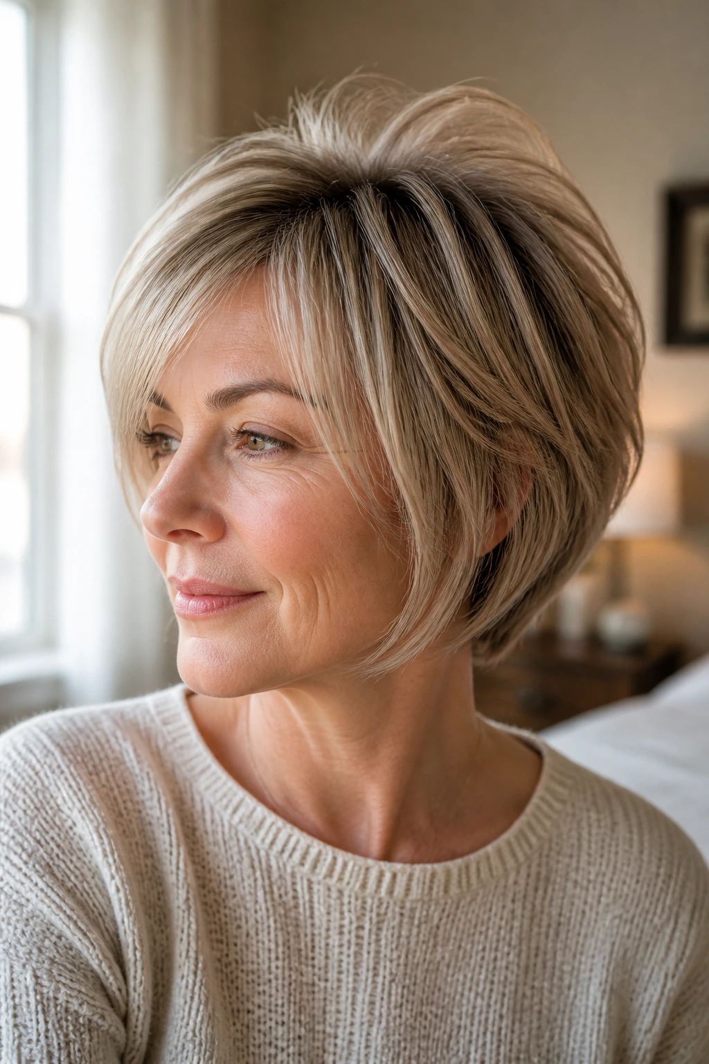 Close-up portrait of a real woman with a feathered crown bob on fine hair