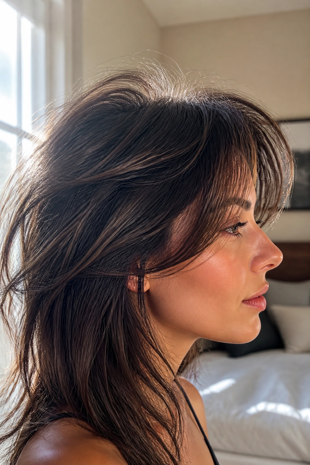 Side-profile of thick hair with feathered crown layers lifting the top