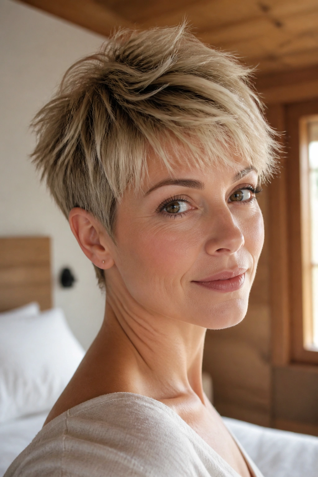 Close-up portrait of a woman with a feathered crown pixie, lifted crown and airy top in natural light