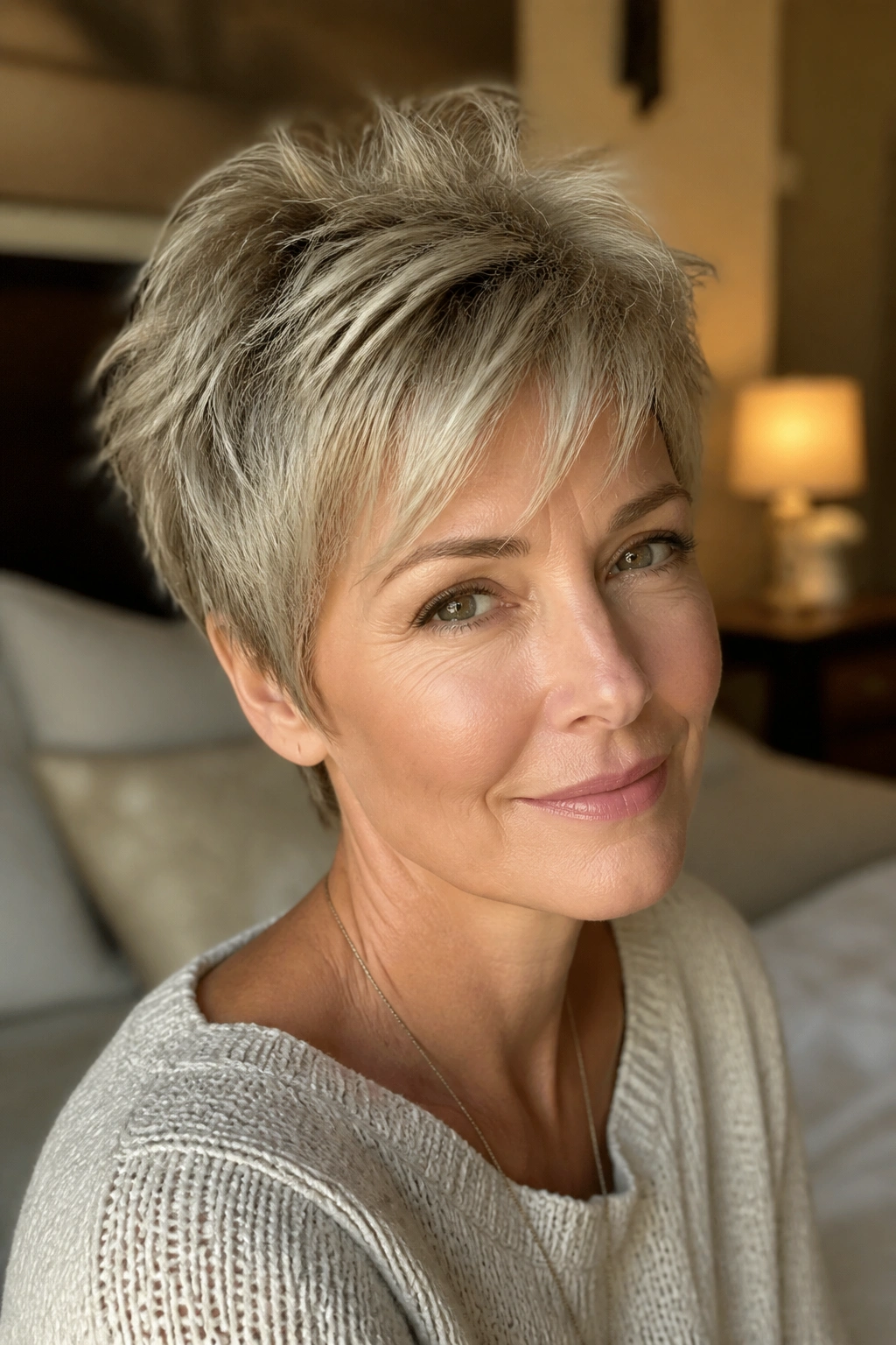 Close-up portrait of a real woman with feathered crown pixie showing lifted crown and airy layers
