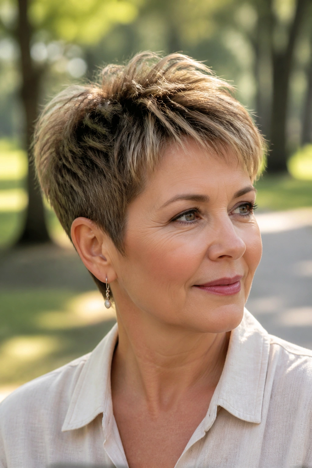 Portrait of a woman with a feathered crown pixie cut outdoors