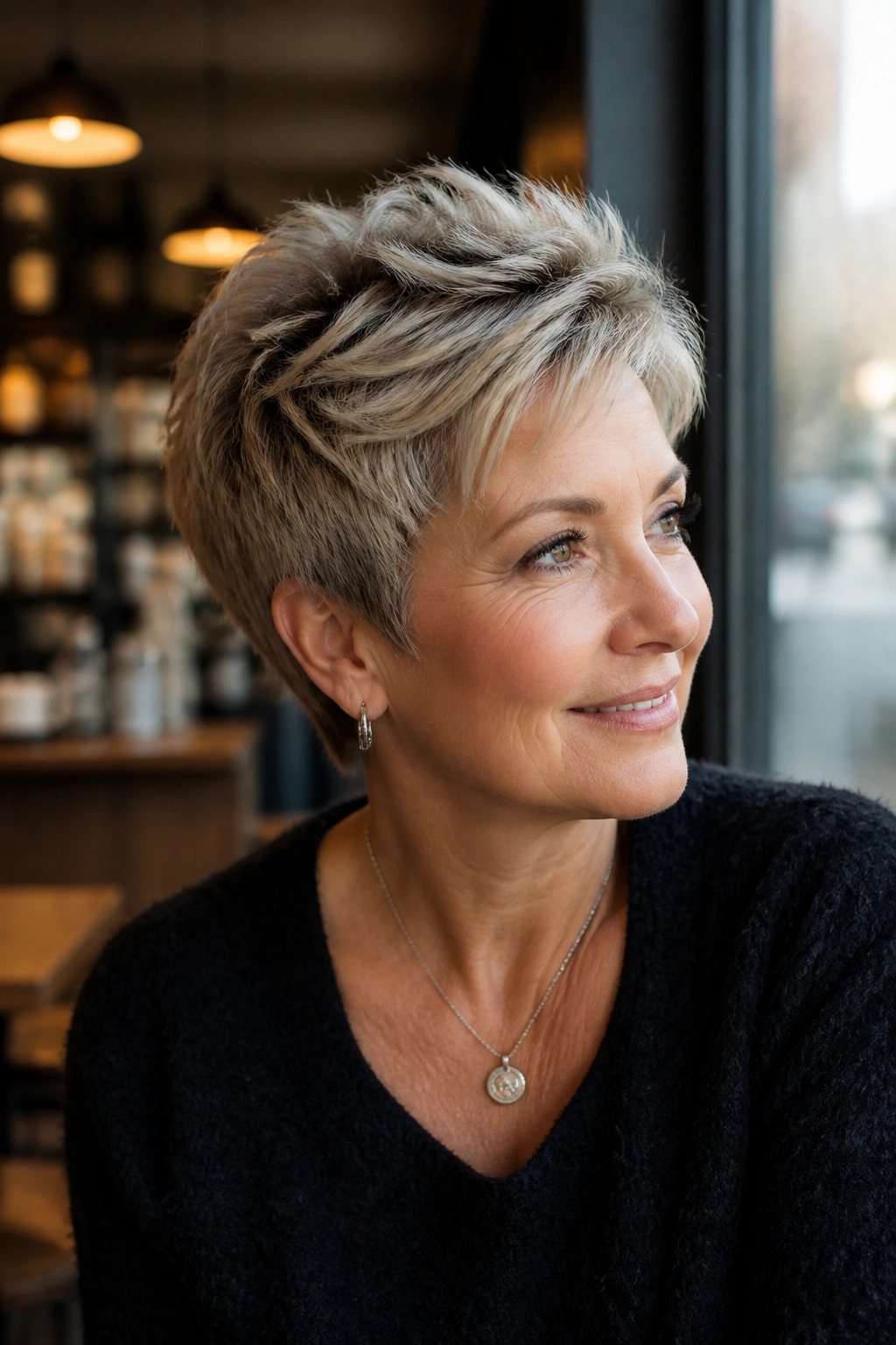 Close-up portrait of a real person with feathered crown pixie, crown layers lifting softly.