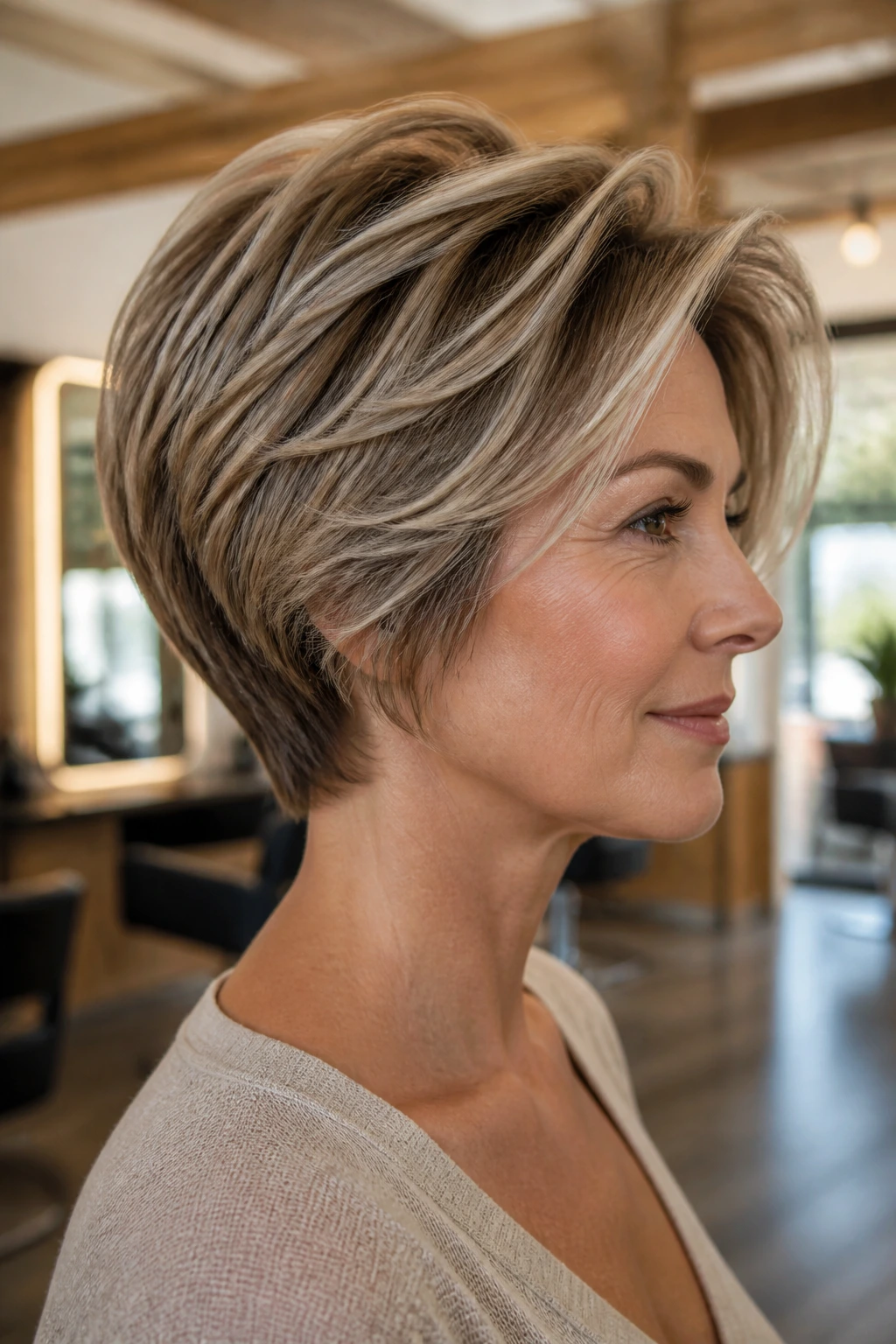 Close-up of a real woman with feathered crown volume and tapered back