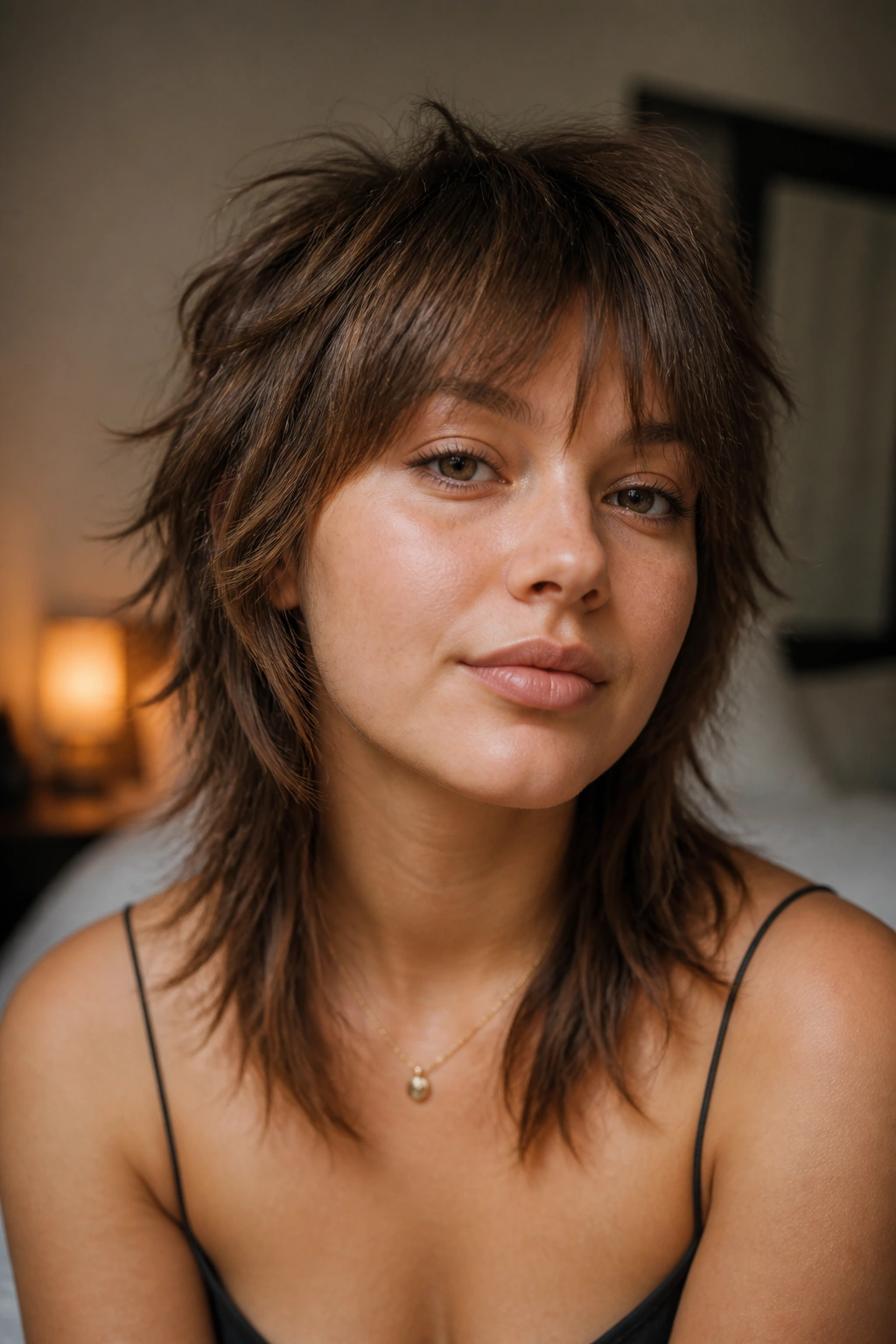 Portrait of a real woman with feathered crown wolf cut.