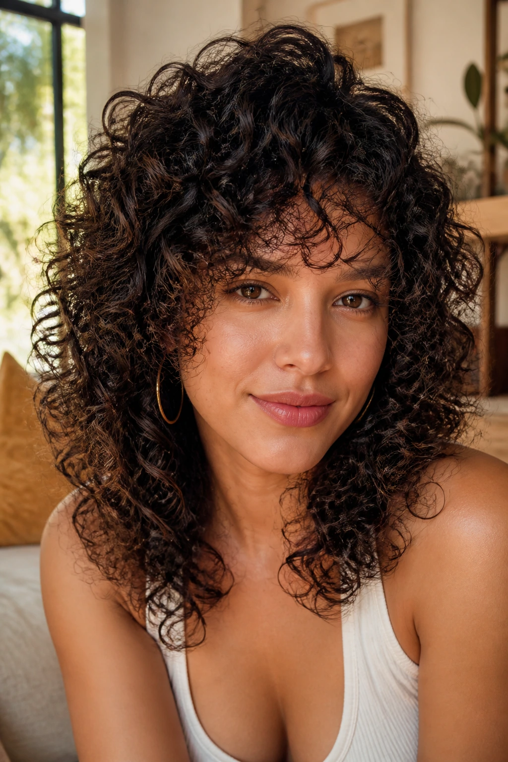 Close-up of a real woman with feathered layers on natural curls in warm window light