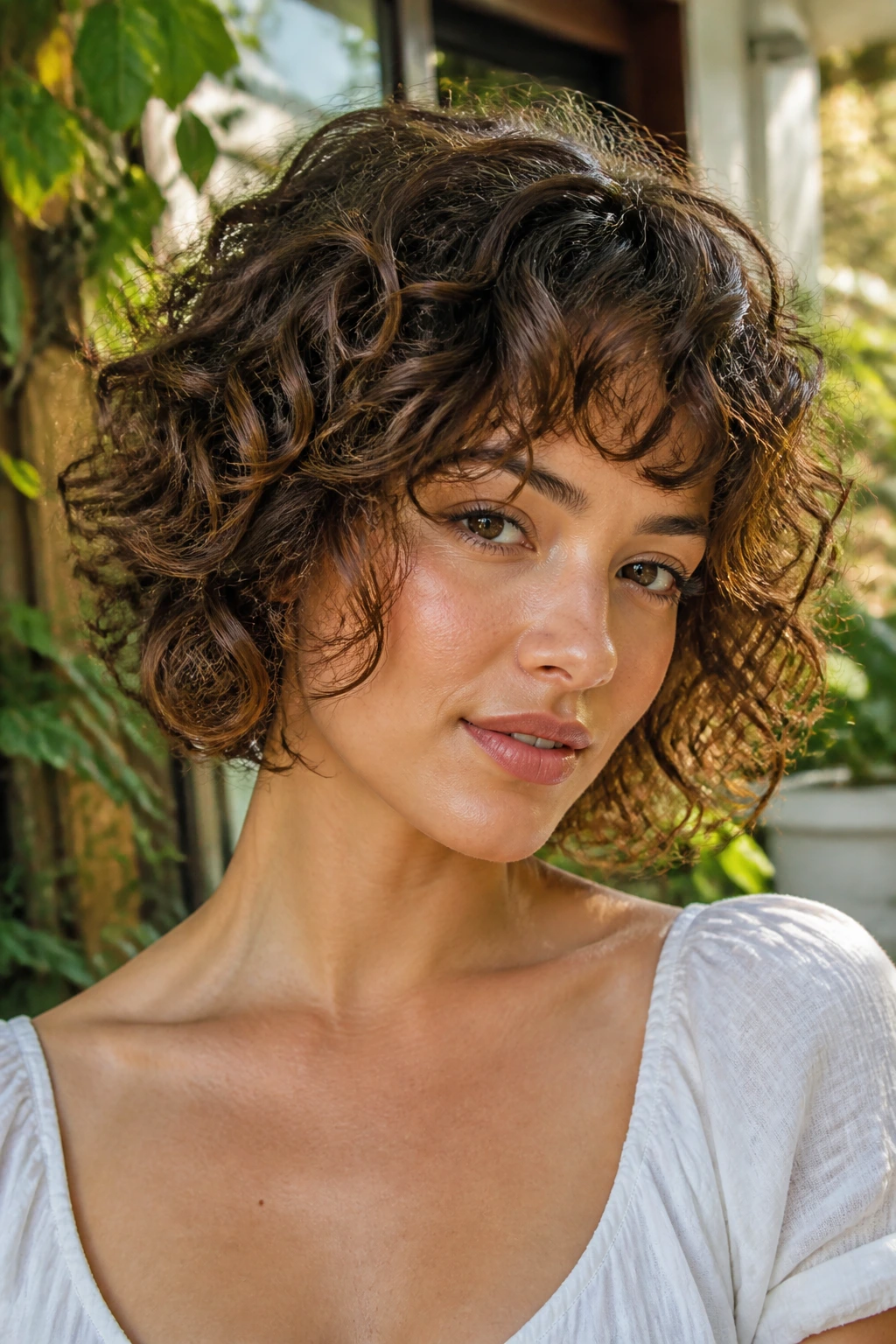Close-up of a woman with feathered curly bob and broken-up ends in natural sunlit setting