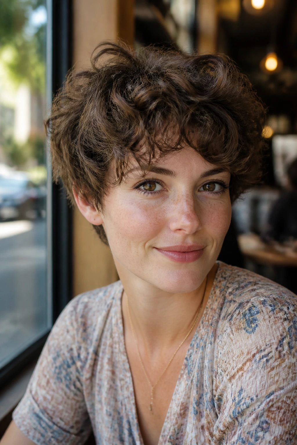Close-up of a real woman with feathered curly pixie with light layers at a cafe window