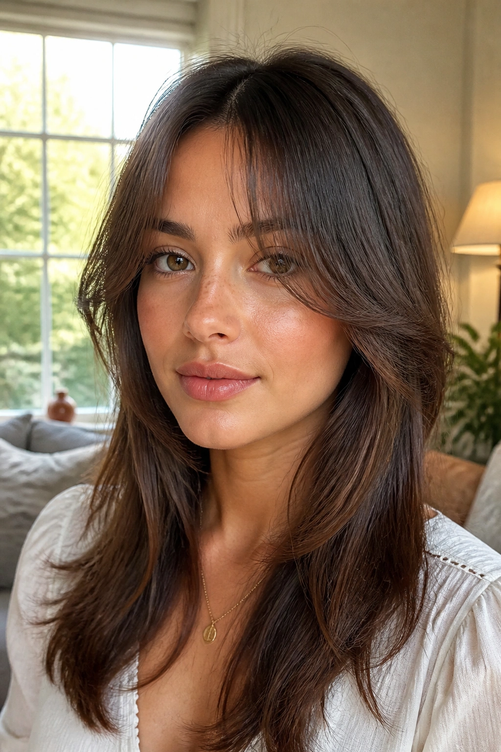 Close-up portrait of a real woman with feathered curtain bangs and face layers.
