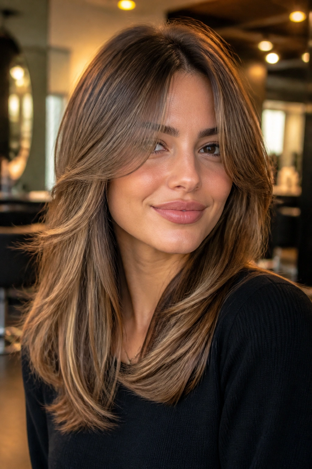 Close-up of a real woman with feathered curtain bangs in a salon setting