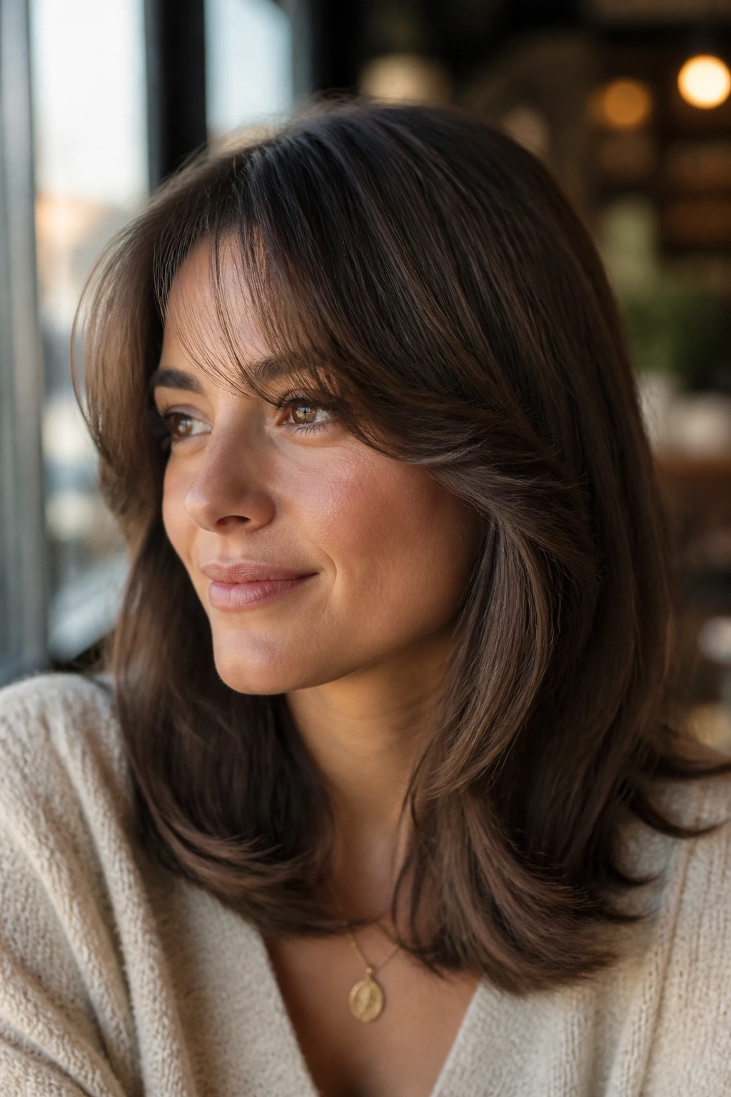 Close-up portrait of a real woman with feathered curtain bangs and a side sweep in cafe daylight