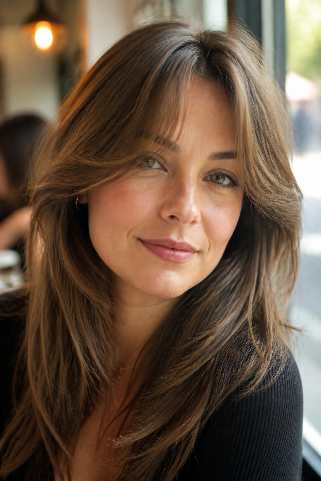 Real woman with feathered curtain bangs and soft lift in natural light
