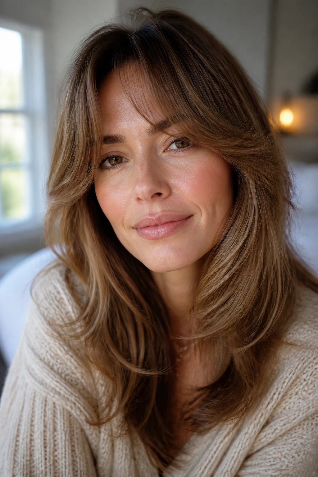 Close-up of a real woman with feathered curtain fringe and fluttery ends.