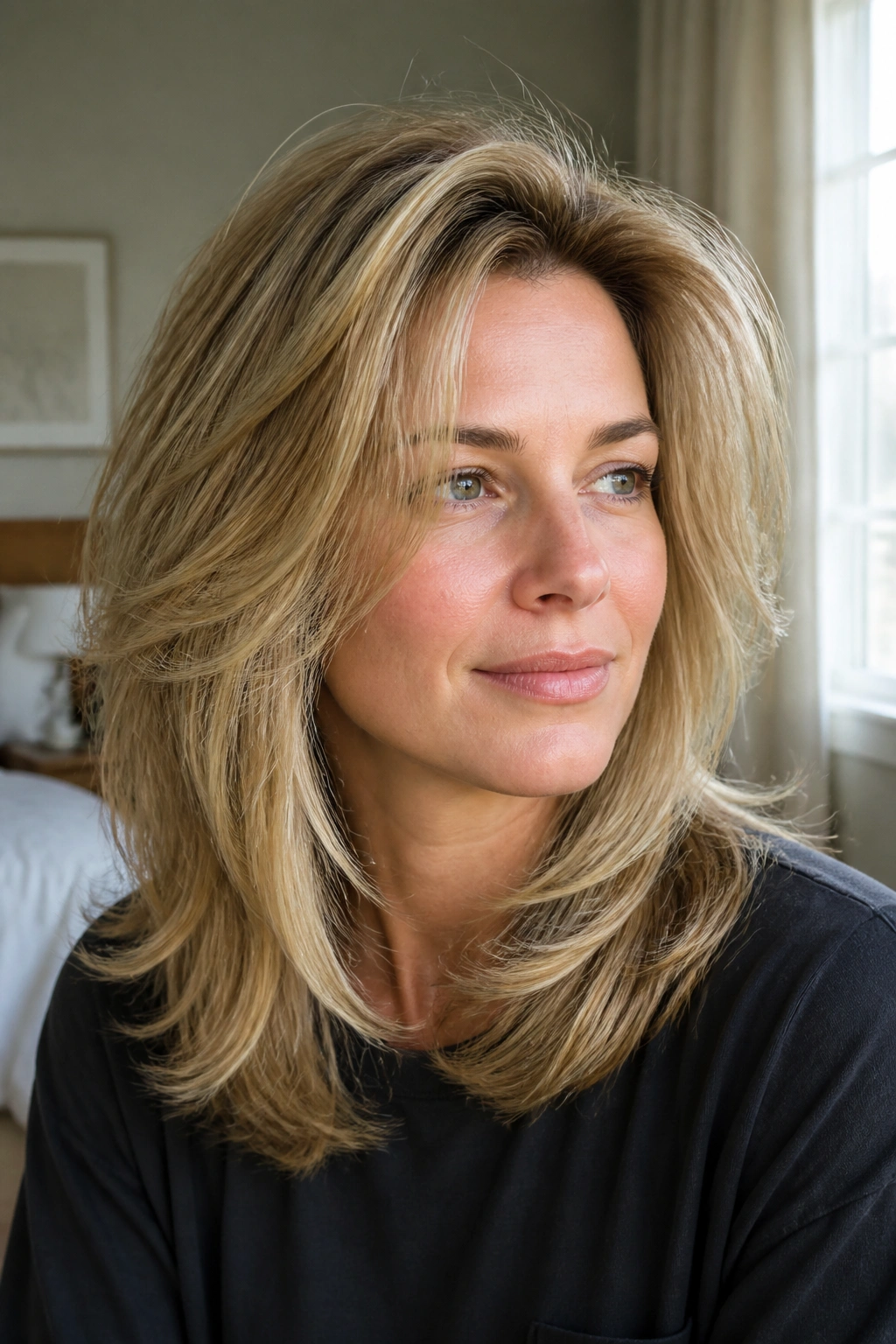 Close-up portrait of a real woman with feathered cut and crown lift