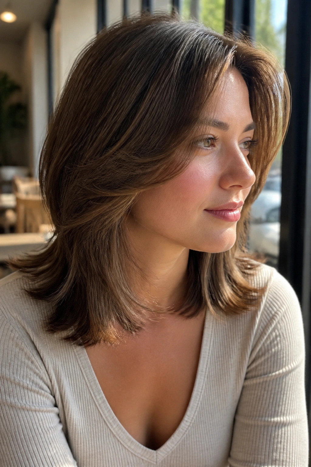 Close-up of a real person with a feathered medium cut and flipped ends by a cafe window