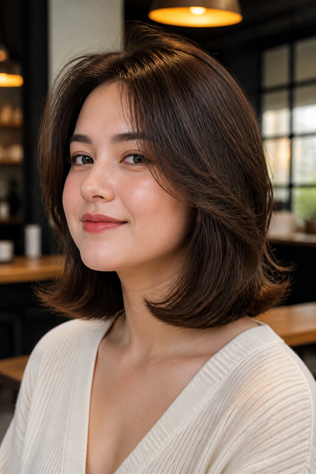 Close-up portrait of a person with feathered cut and flipped-under ends under warm cafe lighting
