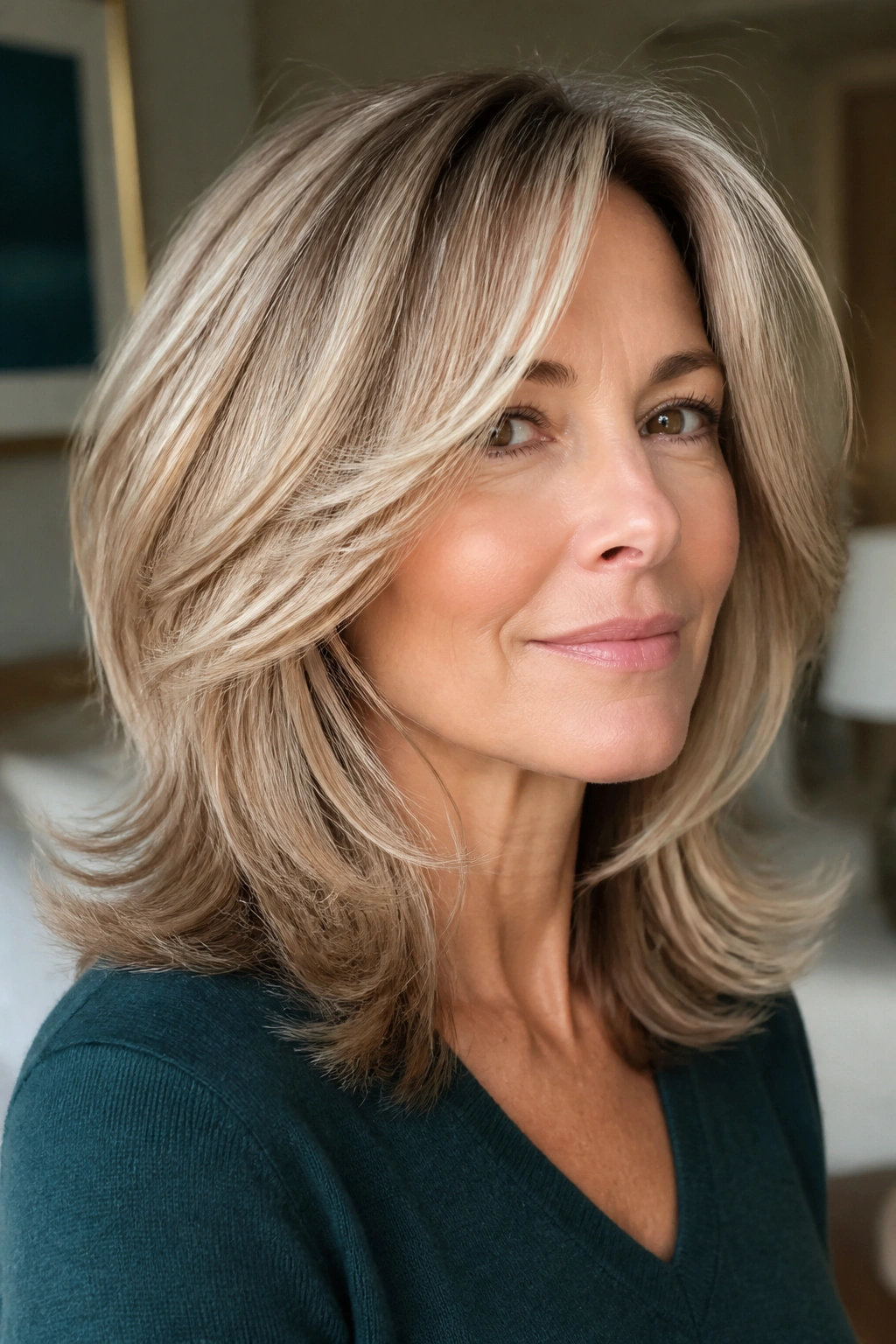 Real woman with feathered cut showing airy, moveable ends in soft light.