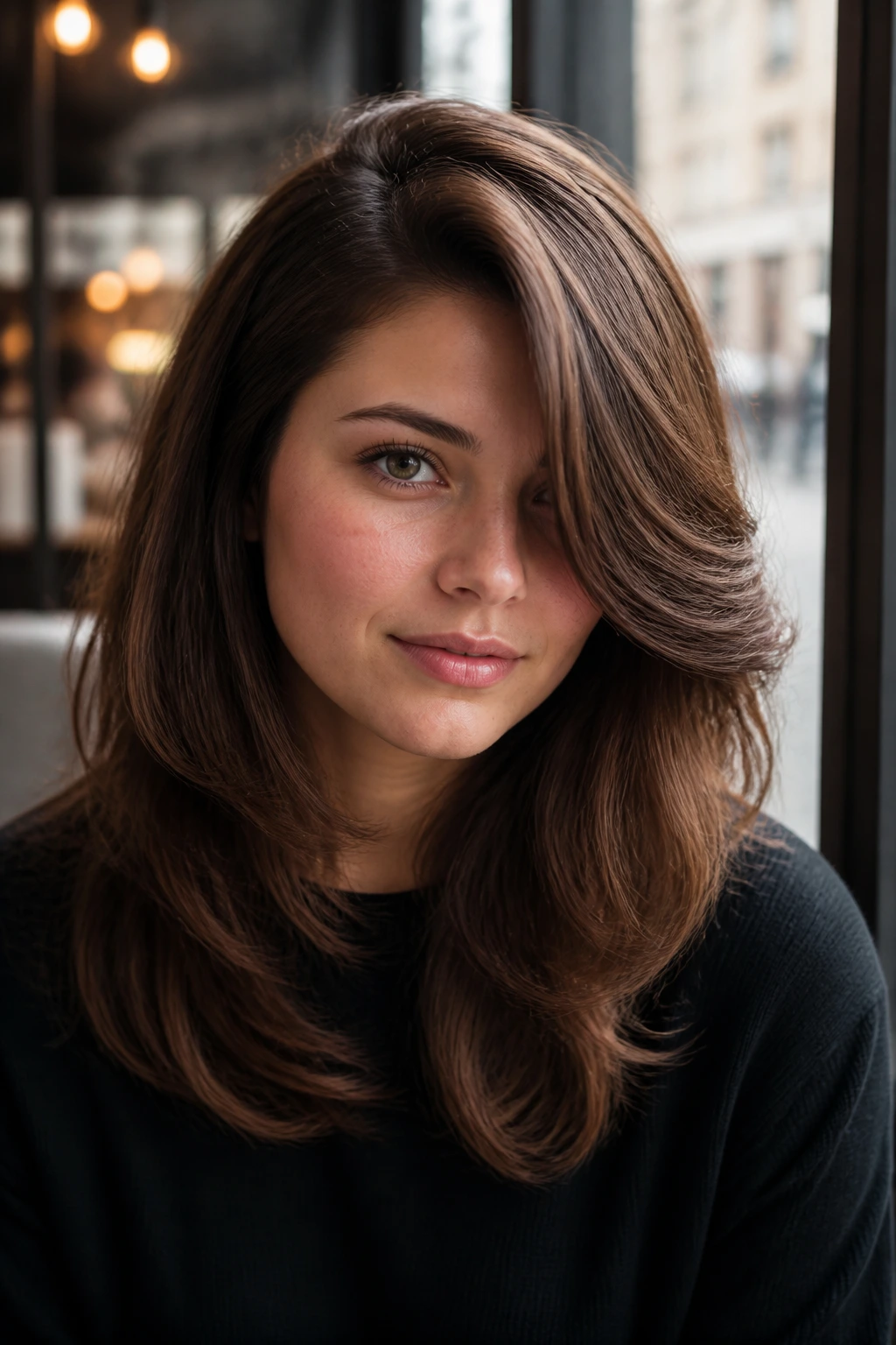 Close-up portrait of a real person with a deep side part feathered cut