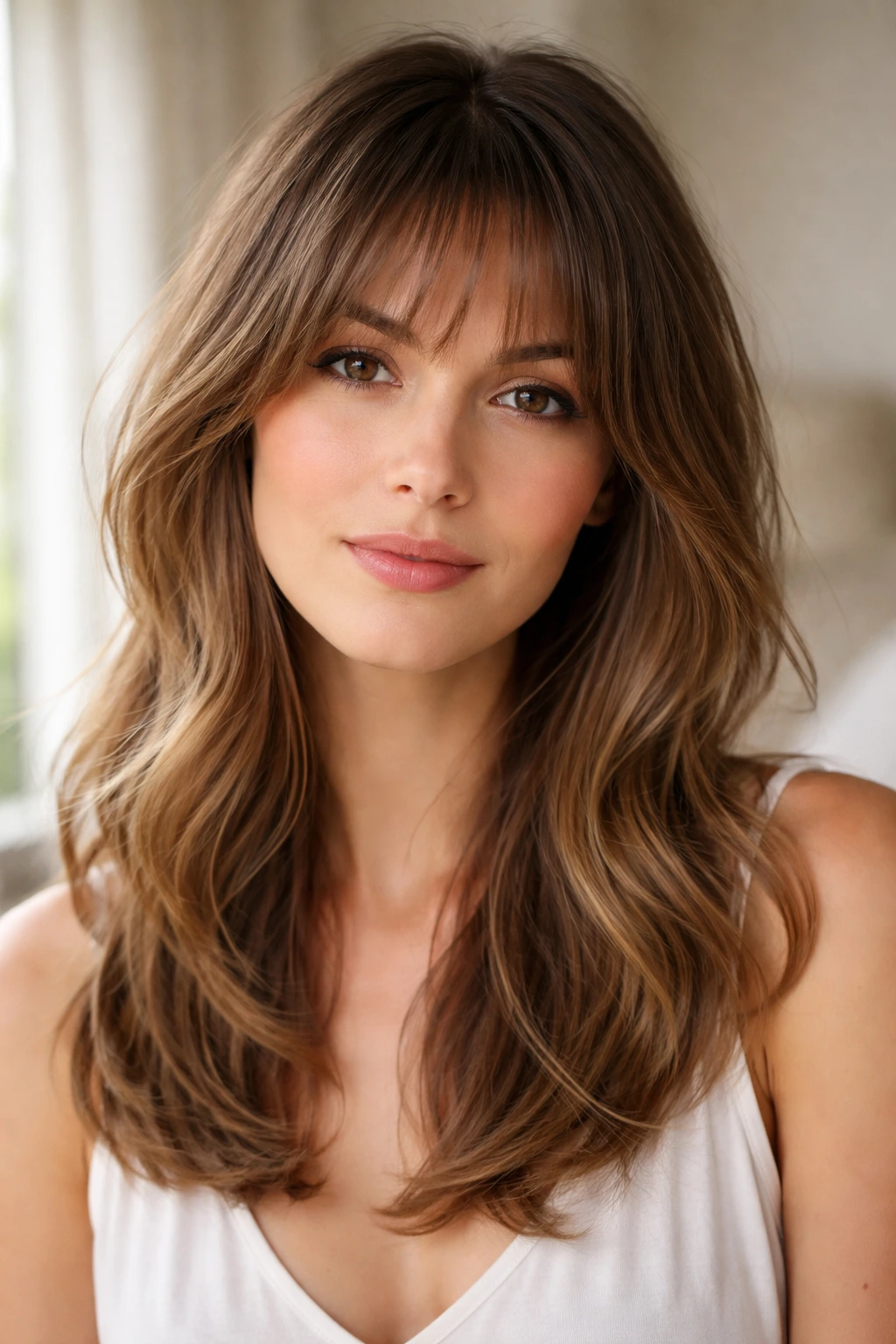Close-up of a real woman with a feathered edge fringe