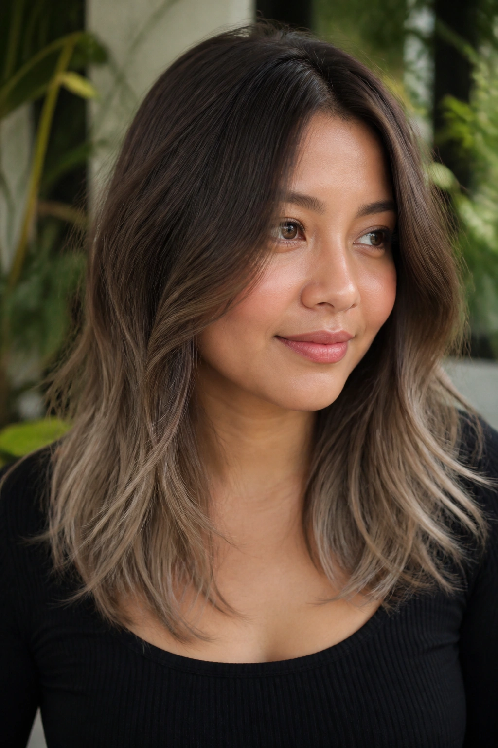 Close-up of a real woman with feathered ends and lighter ash tips