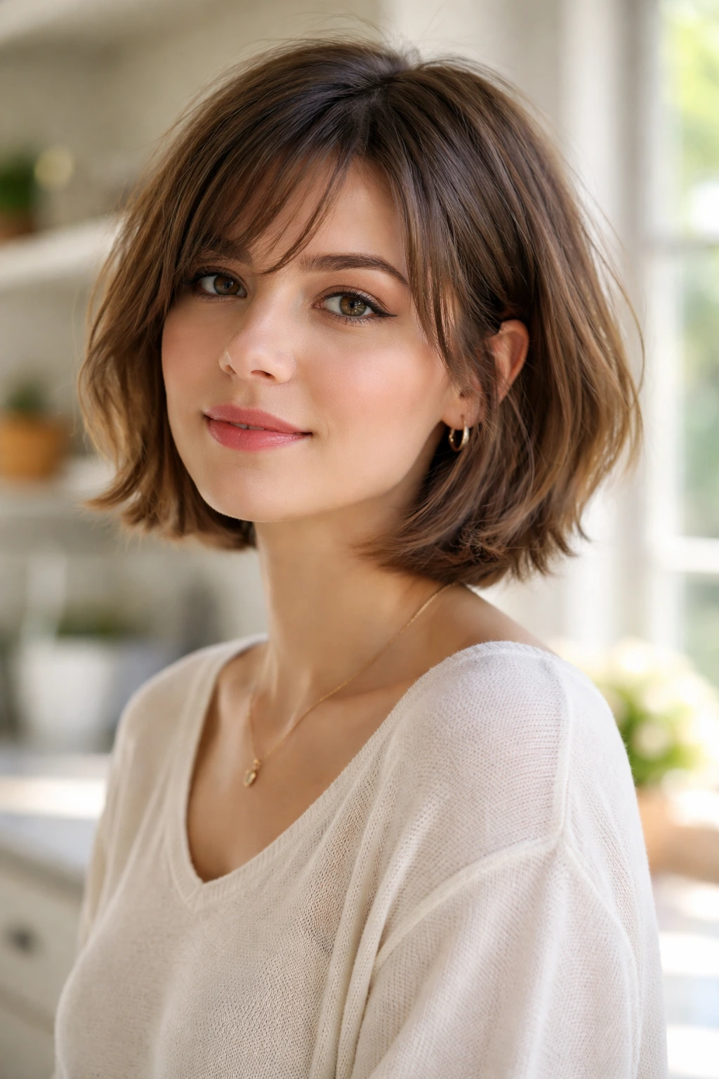 Close-up of a real woman with feathered ends bob in natural light