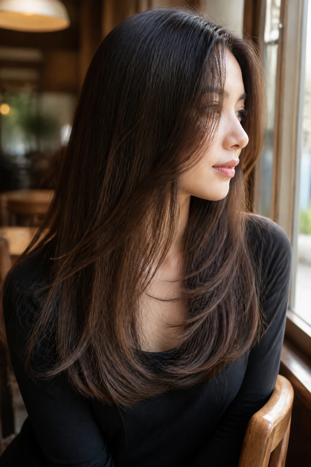 Close-up of real woman with feathered ends on straight hair in soft cafe light