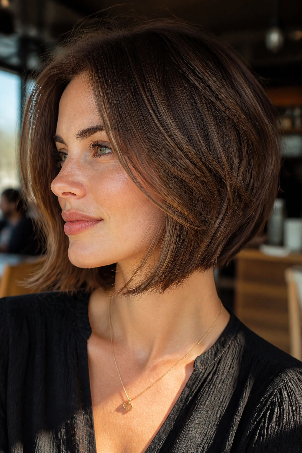 Portrait of a woman with feathered ends inverted bob in natural light