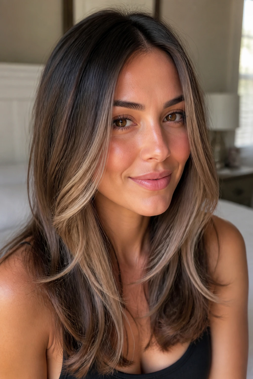 Close-up portrait of a real woman with feathered face-frame and chin-below ribbons in ash-brown balayage.