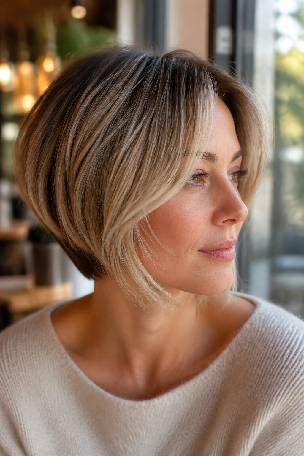 Portrait of woman with feathered face-framing inverted bob