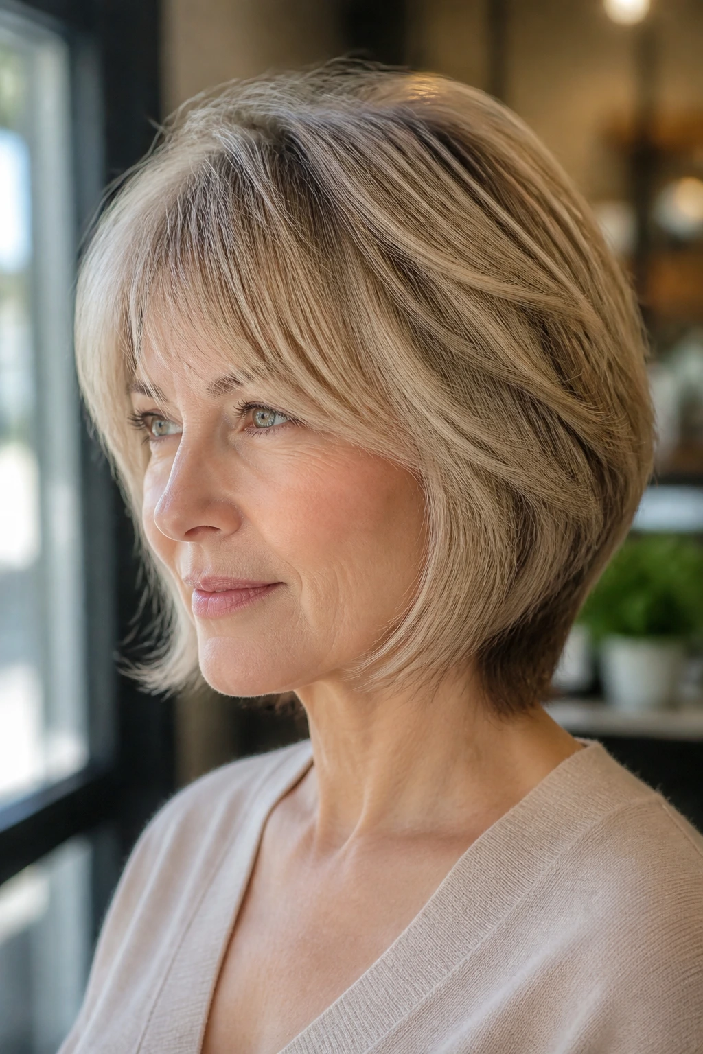 Close-up portrait of a real person with a feathered cut for fine hair and soft ends