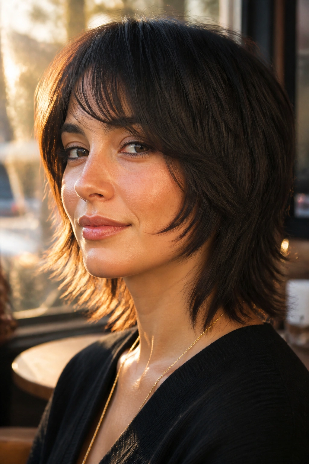 Close-up of a real woman with feathered fringe ending above the cheek in soft layers.