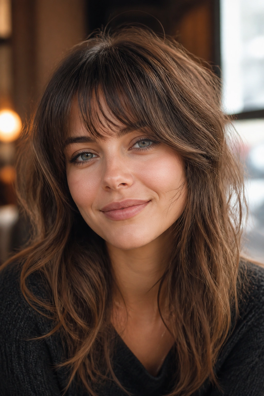 Real woman with feathered fringe and airy layers under cafe window light