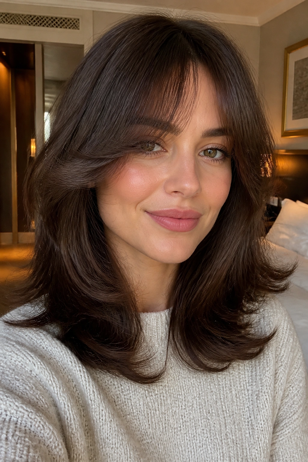 Close-up of a real person with feathered fringe and blowout finish.