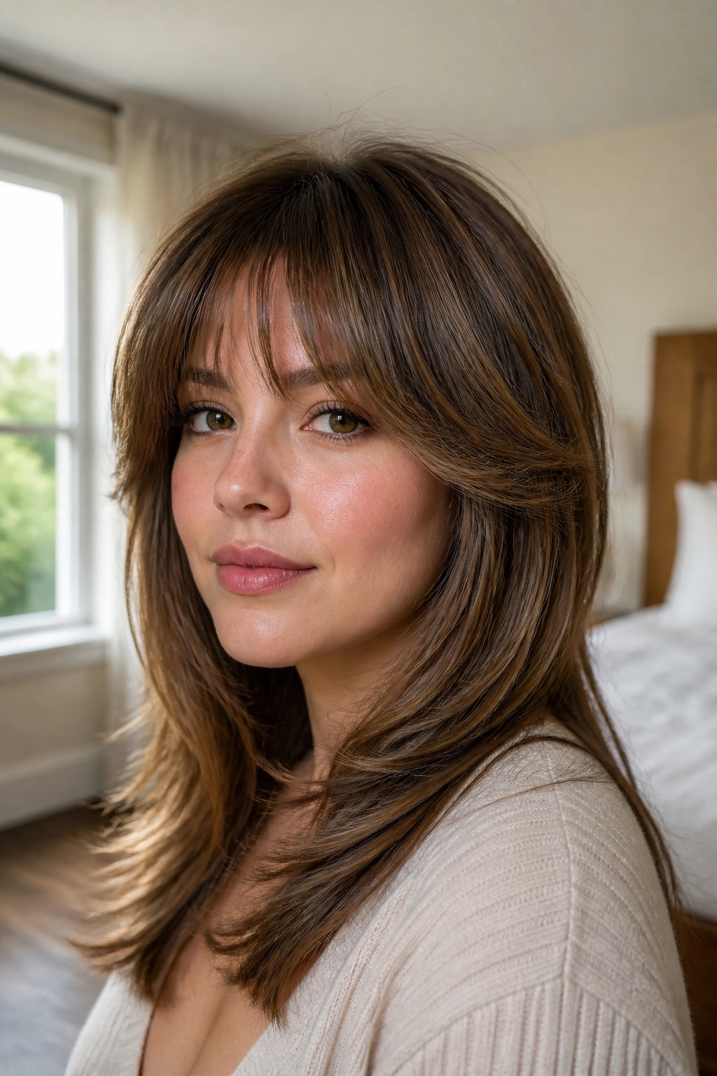 Close-up of a real woman with feathered fringe and a blowout in warm bedroom light