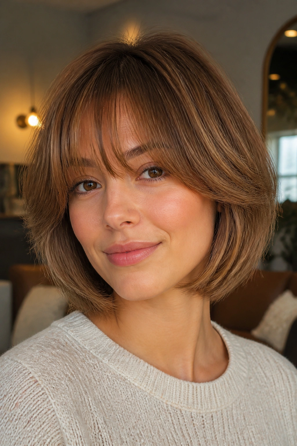 Real person with feathered fringe in a soft blowout.