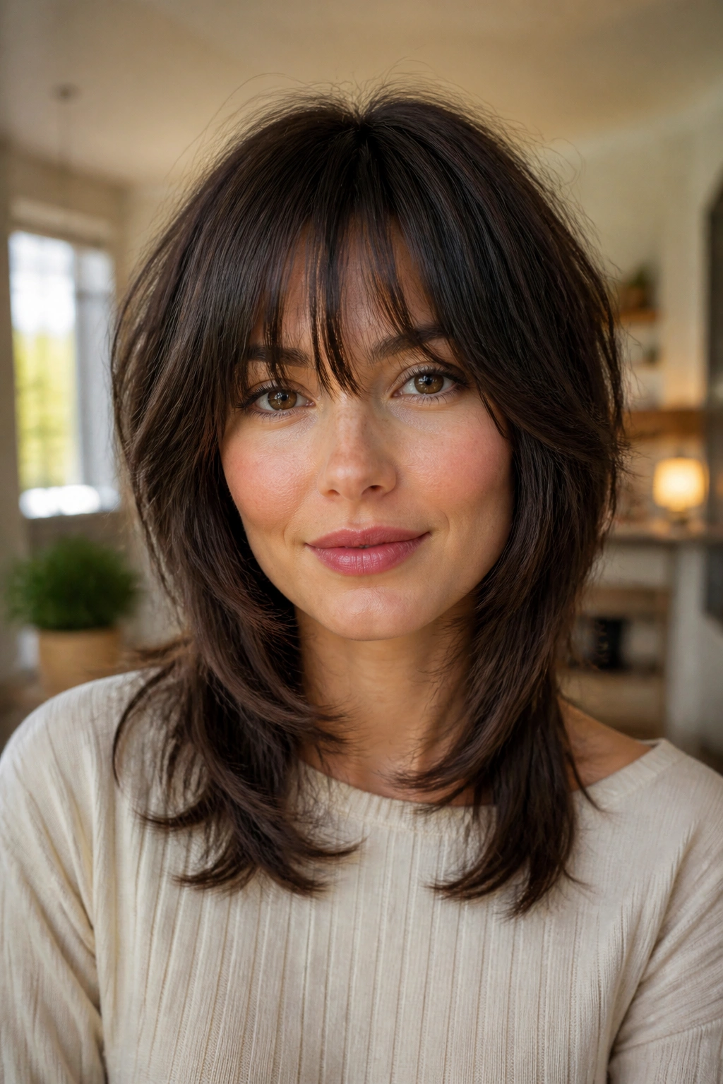 Close-up portrait of a real woman with feathered choppy fringe and cheekbone-length layers