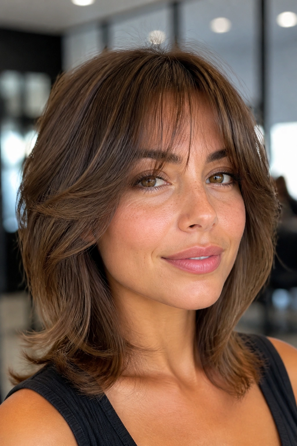 Portrait of a woman with feathered fringe blending into face-framing layers
