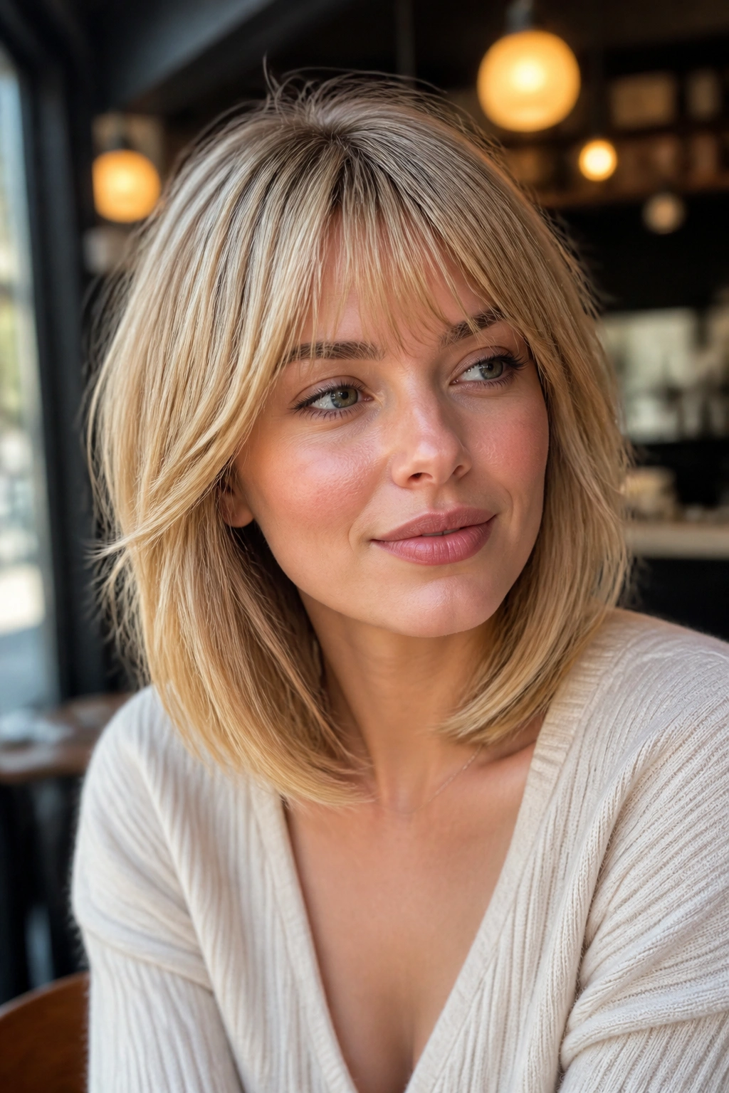 Close-up of a real woman with feathered fringe and layered lob.