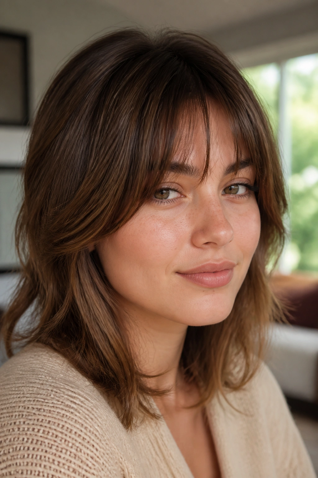 Close-up portrait of a person with feathered fringe blending into layers