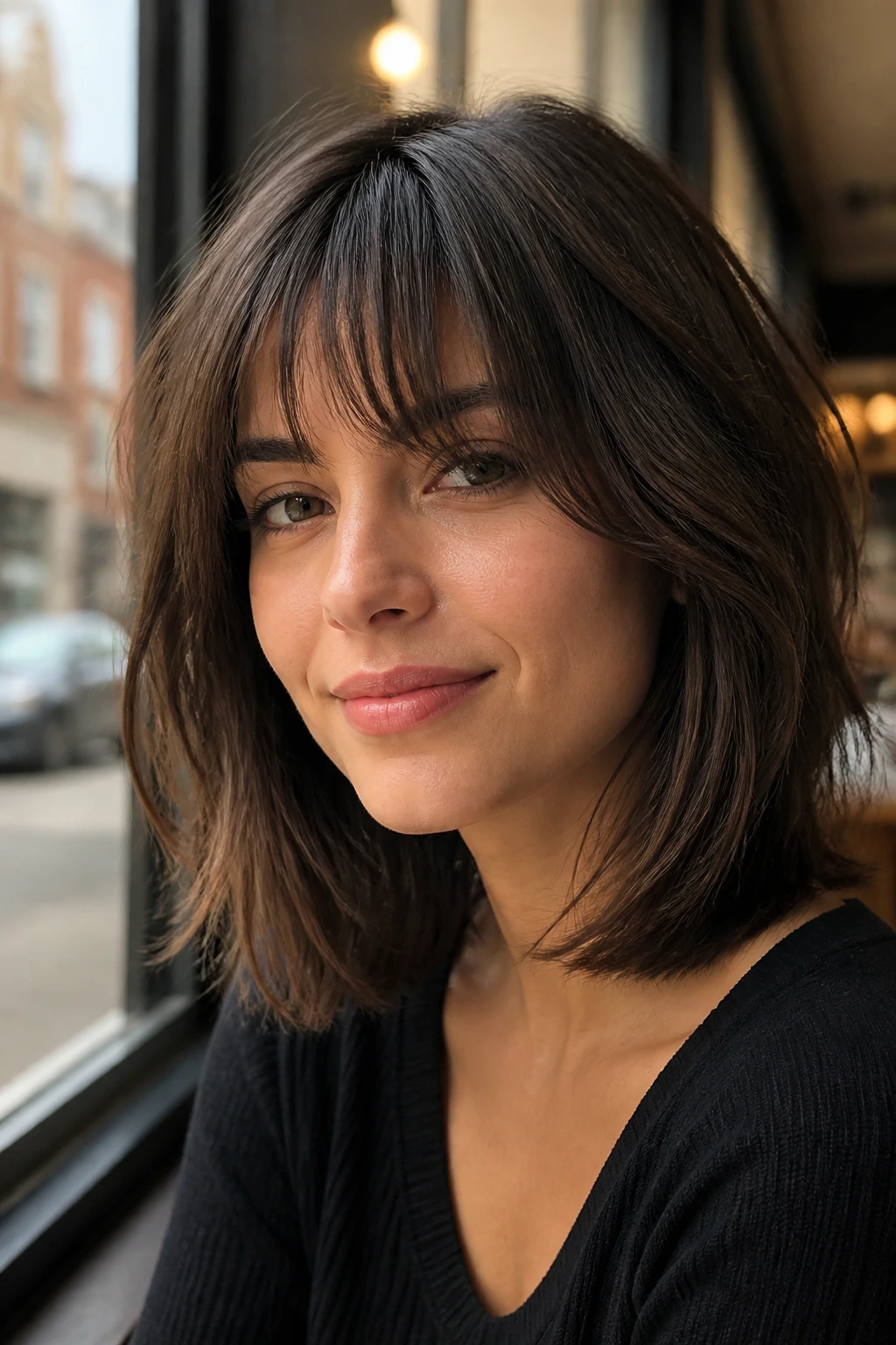 Close-up portrait of feathered fringe with a lob on a real person in a cafe window setting